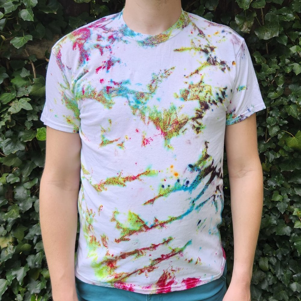 hand-tie-dyed T-shirt, rainbow stipple pattern. Gildan Medium, straight cut
